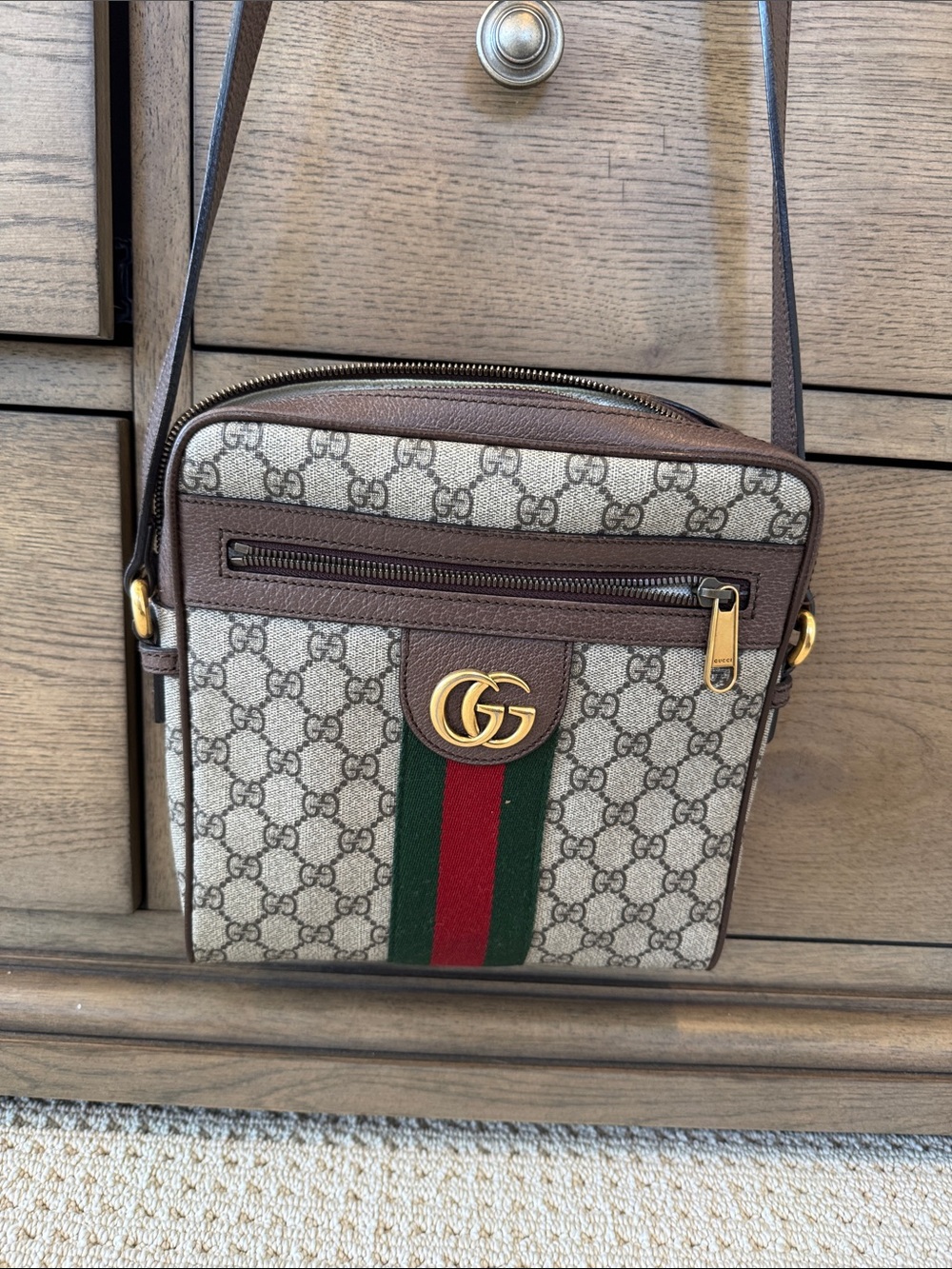 Gucci Beige GG Supreme Canvas Crossbody with Brown Trim and Green-Red Web